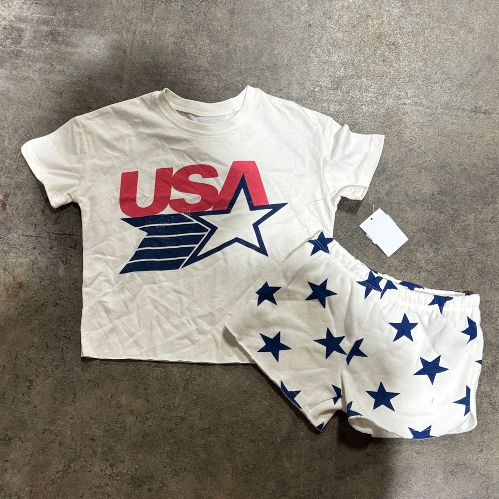 Patriotic Star Print Kids Shorts Set - Cream and Blue